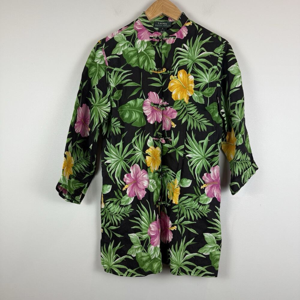 Ralph Lauren‎ LRL Linen Tunic Top S Green Floral Printed Mandarin Collar Retro